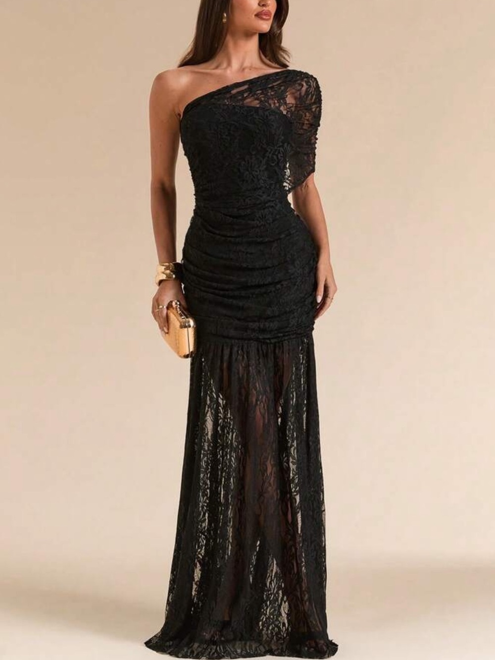 One-Shoulder Black Lace Evening Gown - Picture 7 of 7